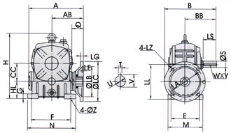 DA Series WPDA worm gear reducer installation drawing