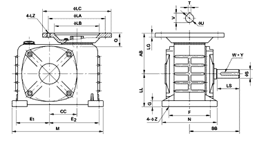 DZ Series worm gear reducer dimensional reference view